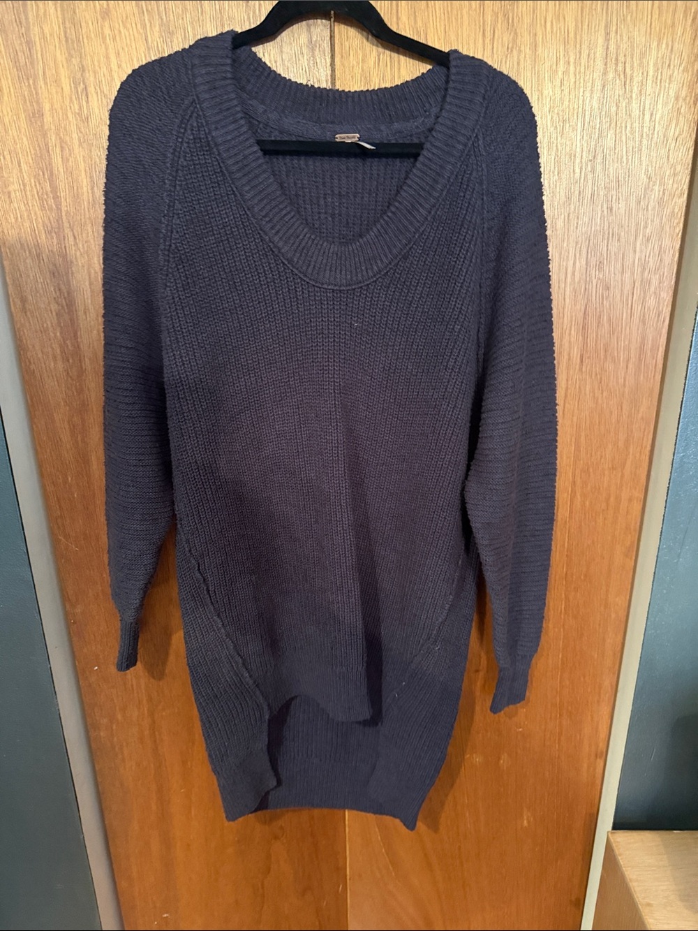 Free People Scoop Neck Long Knit Sweater in Navy